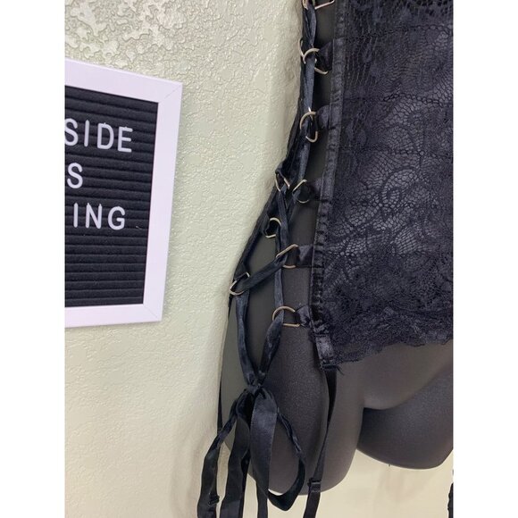 Seduction Black Lace Sheer Lingerie Tank Top Lace Up Metal Detail Size M/L - Picture 4 of 12